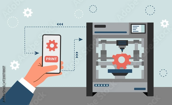 Fototapeta 3d printer printing a part. Hand with phone launching a 3d printer. Technology concept.