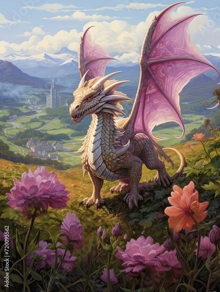 Fototapeta Grassland Dragons: Fantasy Dragon Illustrations in Meadow - Countryside Art