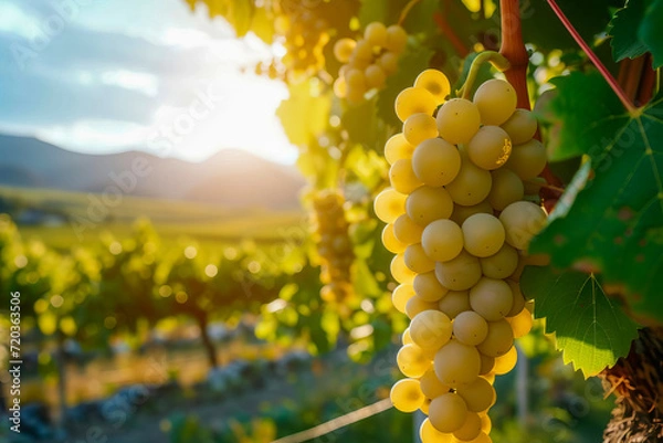 Fototapeta A bunch of grapes in the sun against the backdrop of a landscape.