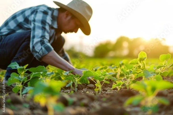 Fototapeta Farmer Inspecting Soybean Seedlings In The Field, Representing Agriculture And Growth