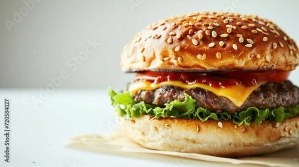 Fototapeta Angular view of a classic burger against white background