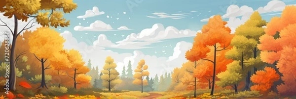 Obraz autumn landscape, panorama. nature, yellow-orange trees in the forest. fall. cartoon style.