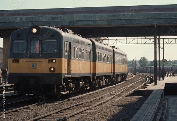 Fototapeta Retro steam train departs from the railway station at sunset.