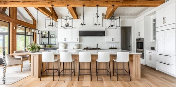 Fototapeta A modern and inviting kitchen with sleek white cabinets and matching chairs, showcasing a perfect blend of indoor furniture and interior design elements such as hardwood floors, a wooden beam ceiling