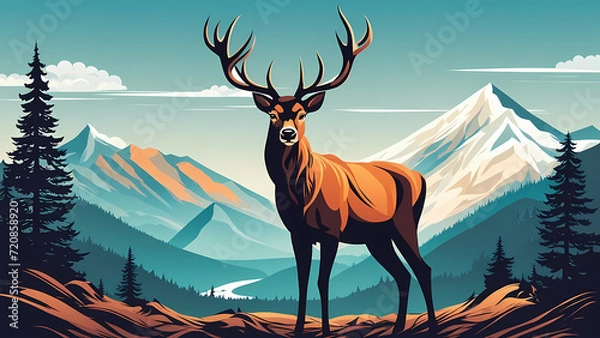 Fototapeta Abstract background of deer with mountain hill background. Fantasy landscape graphic illustration. Template for your design works ready to use.