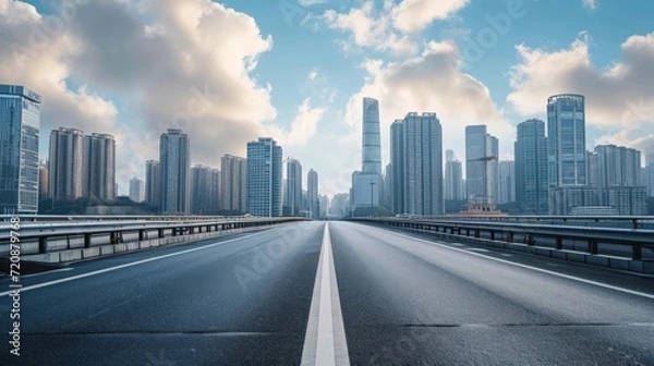 Fototapeta Asphalt highway road and pedestrian bridge with modern city buildings scenery