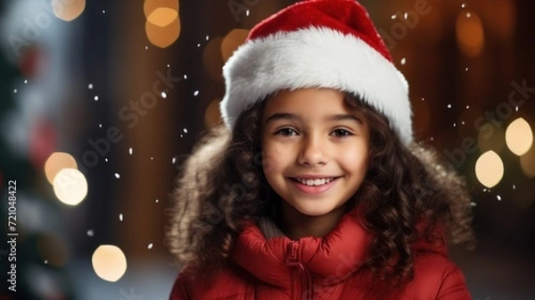 Fototapeta christmas, holidays and people concept - smiling little girl in santa helper hat over lights background Generative AI