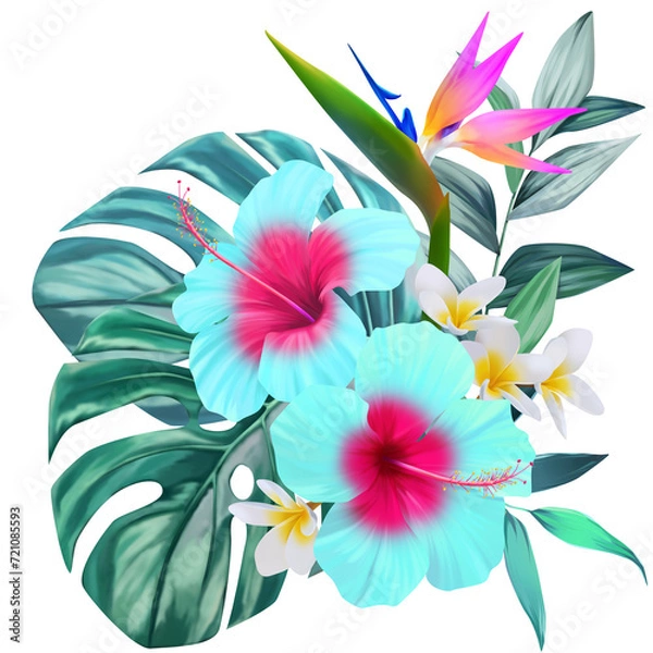 Fototapeta Beautiful tropical bouquet. Bright blue turquoise hibiscus flowers in vegetation. Jungle flowers, exotic