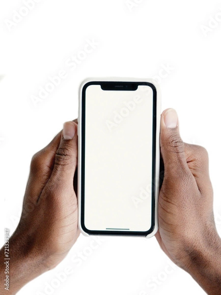 Fototapeta Man holding smartphone with blank screen on white background, close-up of hand. Space for text