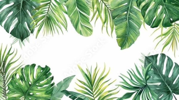 Fototapeta Watercolor tropical leaves background