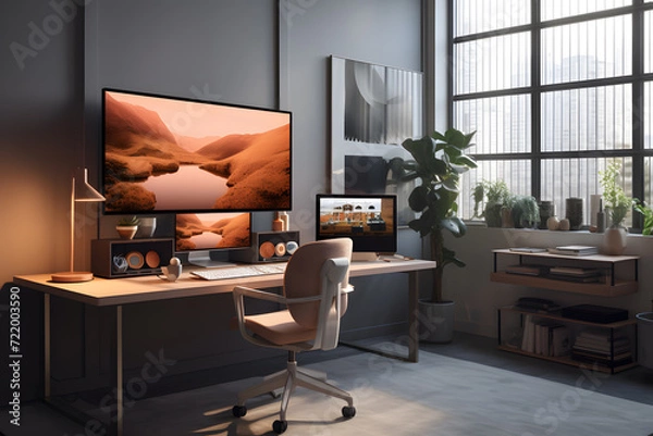 Fototapeta A home office with a sleek wall mounted monitor 