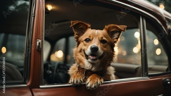 Fototapeta Close-up high-resolution image of a happy puppy taking a car ride.