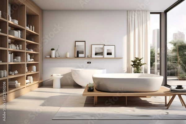 Fototapeta open concept bedroom with a freestanding soaking tub