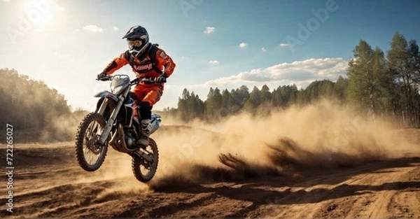 Fototapeta Off-road motocross bike executing a daring mid-air jump with a dirt trail, showcasing an exhilarating motorcycle stunt