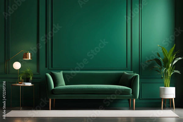 Fototapeta Bright and cozy modern living room interior with green sofa and decoration room on empty dark blue or green wall background 