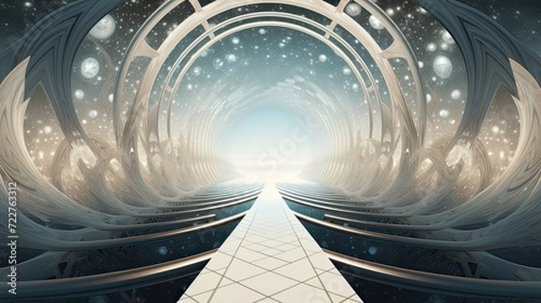 Fototapeta Background that features a bridge or portal connecting two different dimensions, with contrasting elements from each dimension extending in opposite directions.