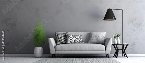 Fototapeta Grey living room with sofa chair standing lamp small white table and black and white pattern carpet. Creative Banner. Copyspace image