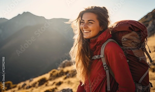 Fototapeta A woman with a backpack smiles at the camera