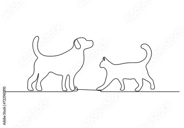 Fototapeta Simple continuous single line drawing of cat and dog. Isolated on white background vector illustration. Free vector