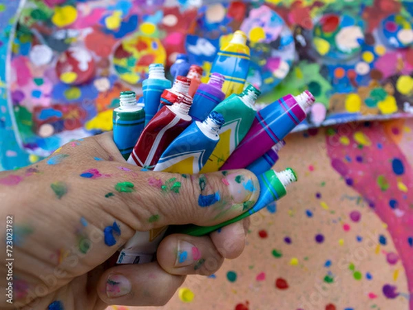 Fototapeta Close-up of handful of open multi colored paint tubes  