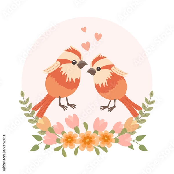 Fototapeta Cute cartoon love birds in a flower frame. Design for greeting card, invitation card for wedding, birthday. Vector