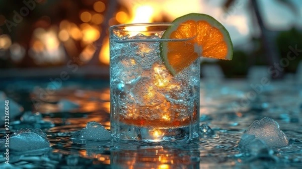 Fototapeta  a close up of a glass of water with a slice of orange on the rim of the glass and ice cubes on the bottom of the glass on the table.