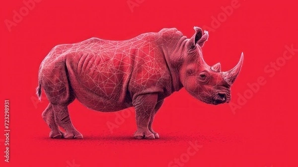 Obraz  a rhinoceros standing in front of a red background with lines on it's body and it's head in the center of the rhinoceros.