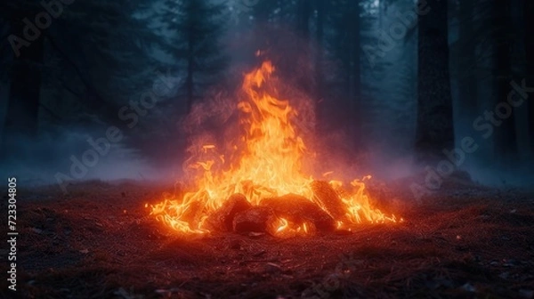 Fototapeta  a fire in the middle of a forest filled with lots of bright yellow and red fire and smoke coming out of it.