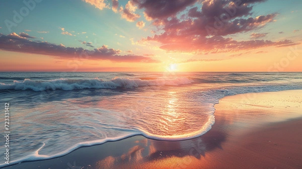 Fototapeta beach scene at sunrise, symbolizing peace and recovery, with gentle waves, soft sand, and a vibrant, colorful sky reflecting on the water