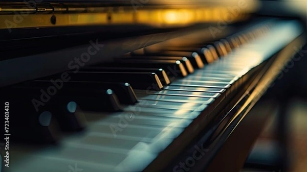 Fototapeta a piano keyboard with selective focus, highlighting the intricate patterns and textures of the keys, creating a visually engaging background for music-related content