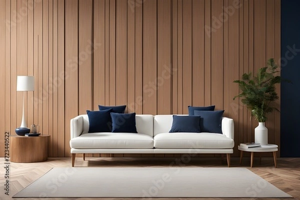 Fototapeta Harmony of Hues: Couch by Wooden Floor in a Stylish Minimalist Living Room. Low view