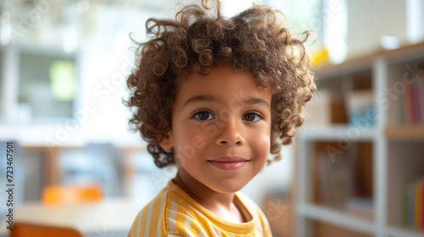 Fototapeta School portrait of a young happy child smiling in a classroom