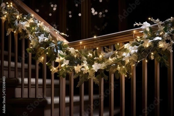 Fototapeta Wrapping a staircase railing with a snowy garland and twinkling lights.