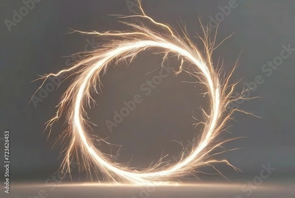 Fototapeta A circular electric thunder sparks in plain white background from Generative AI