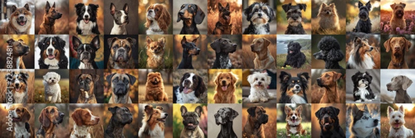 Fototapeta Panorama collage of many different happy dogs outdoors