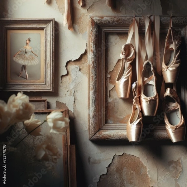 Fototapeta Ballet shoes, old and new, hang on the distressed wall