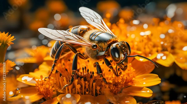 Fototapeta semi-mechanical bee with AI for pollinating flowers (Generative AI)