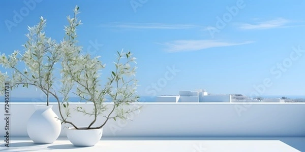 Fototapeta Clean clear view from a white terrace patio on a bright sunny day with blue sky, product placement, copy space, plant pots