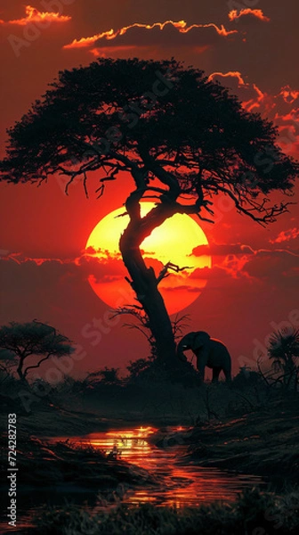 Obraz Acacia tree silhouette, rocks and plain grassland field against a setting sun. African savannah sunset landscape. Wild nature, Kenya panoramic view. Black history month concept