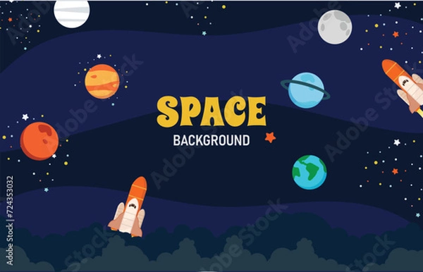 Fototapeta Cute Template background with Astronaut, Spaceship, Rocket, Moon, Black Hole, Stars in Space.