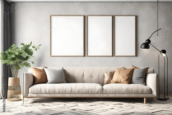 Fototapeta Mock up poster frame in modern interior background with sofa and accessories in the room.3d rendering