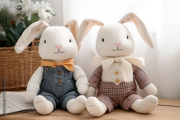 Fototapeta Plush toy rabbit cute baby doll. Creature artistic infant face animal art. Generate Ai