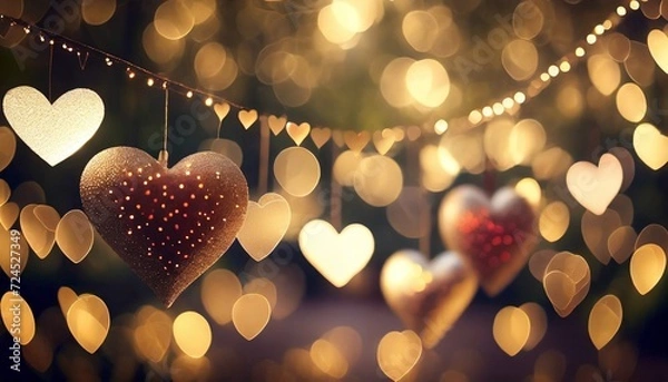 Fototapeta festive garlands in the shape of hearts against a blurred bokeh background generation ai