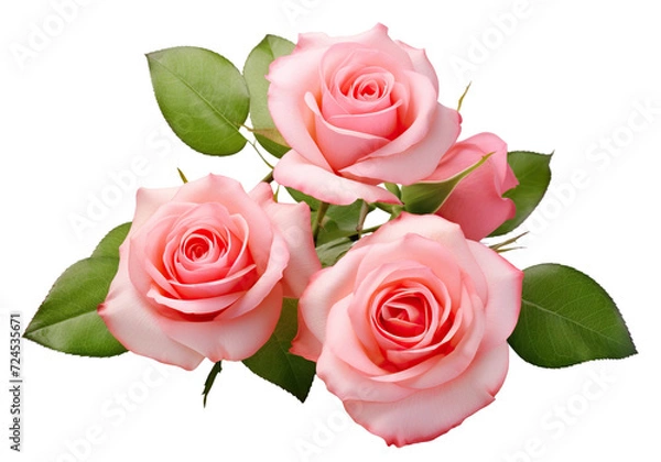 Obraz Three beautiful pink roses in full bloom, with soft petals and green leaves, cut out