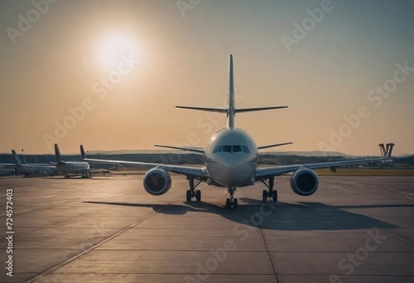 Fototapeta Passanger white plane lands. Airplane on the platform of Airport. Runway. Landing aircraft closeup. Mockup plane with place for text. Cloudy sky. Copy space.