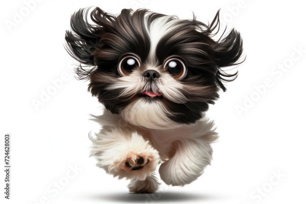 Fototapeta Shih Tzu dog with bulging big eyes run and jump isolated on solid white background. ai generative