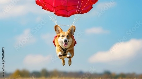 Fototapeta Corgi Parachuting Against a Blue Sky