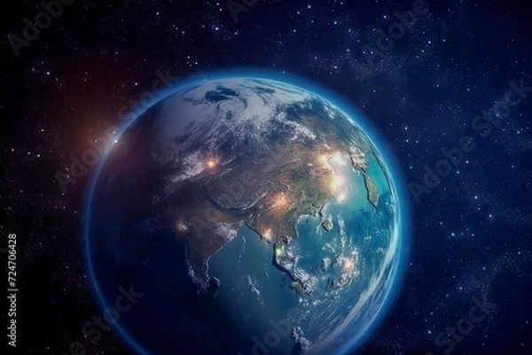 Obraz Earth from space, beautifully detailed and illuminated surface against a starry background, showcasing continents and oceans. ai generative