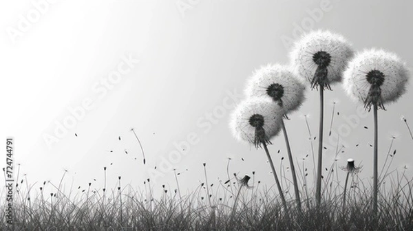 Fototapeta  a black and white photo of three dandelions in the middle of a field with grass in the foreground and a gray sky in the back ground behind.