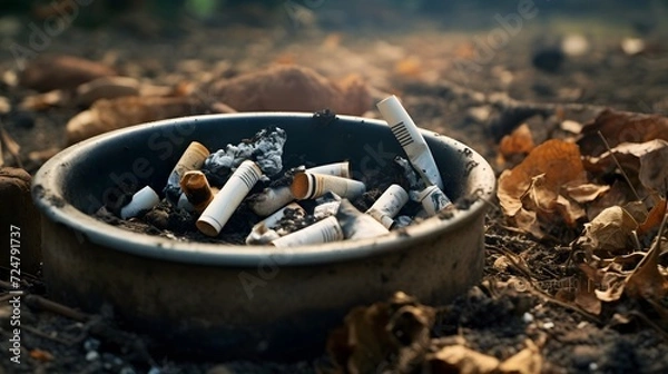 Fototapeta Ashtray full of cigarette butts. Used cigarette in ashtray. Dirty cigarette filter waste in clay ashtray. Toxic waste. Quit smoke or smoking cessation and lung cancer trigger concept. Tobacco product.